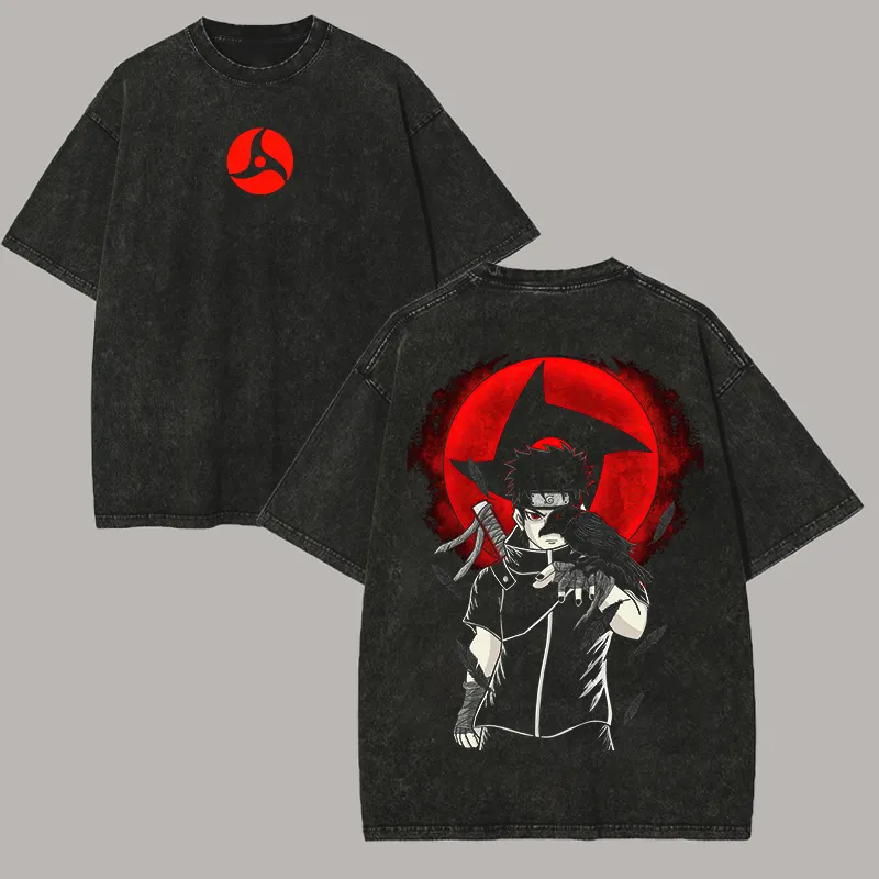 Acid Wash Vintage Graphic T Shirt - Kaos Naruto Shisui Uchiha, Motif Mangekyo
