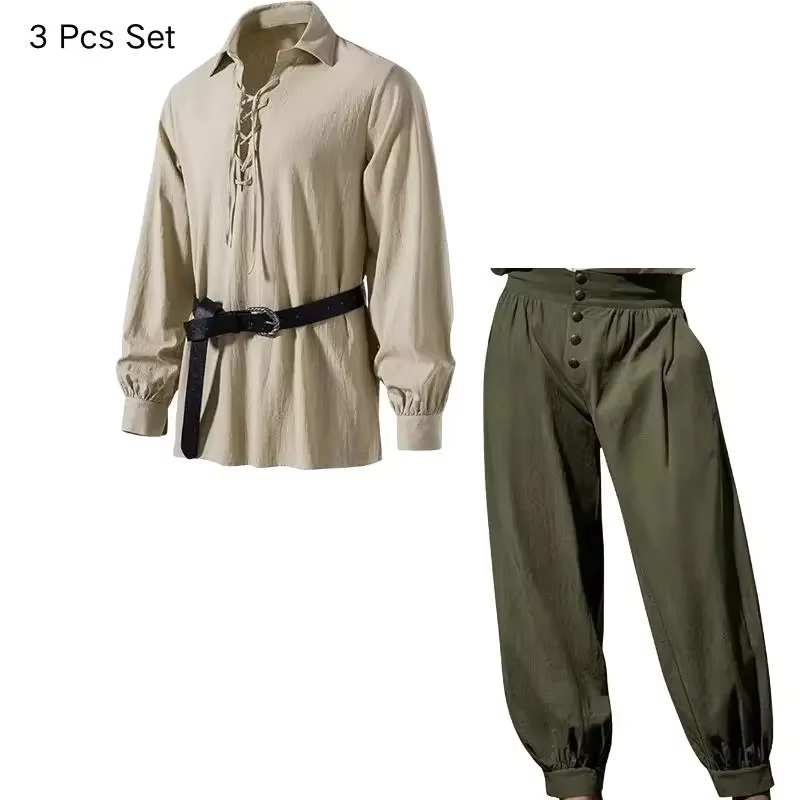 Setelan 3 potong kostum cospla - Medieval Gothic Lace Up Pirate Shirt ulasan dan harga